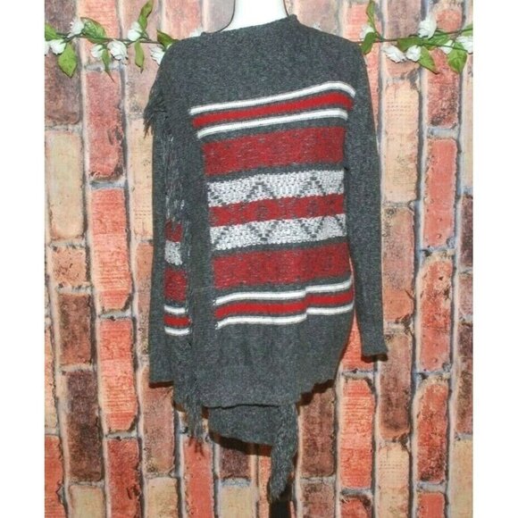 St. John's Bay Ladies L Gray Red Striped Open Front Cardigan Sweater Fringe Cozy - Picture 4 of 10
